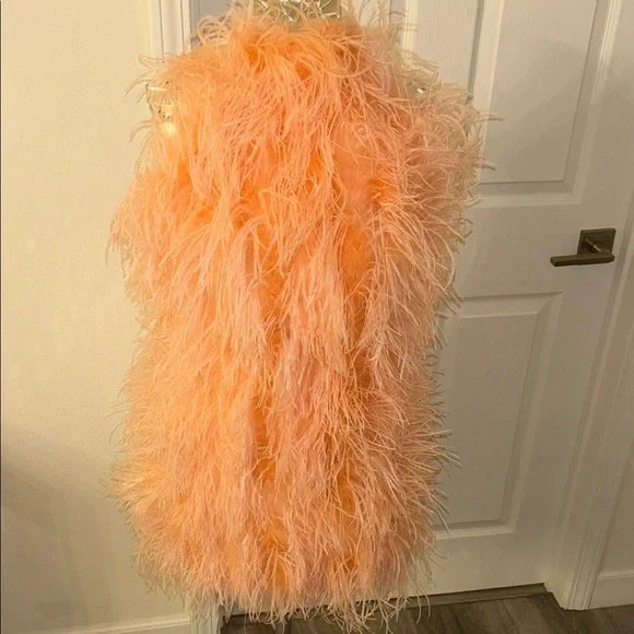 SAFFIYYAH PAUL Ostrich Feather Peach High Neck Open Back Mini Dress M/L Backless